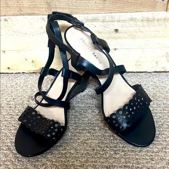 Franco Sarto size 10M Black Leather Cutout Detail Strappy Wedge Dress Sandals - Picture 1 of 7